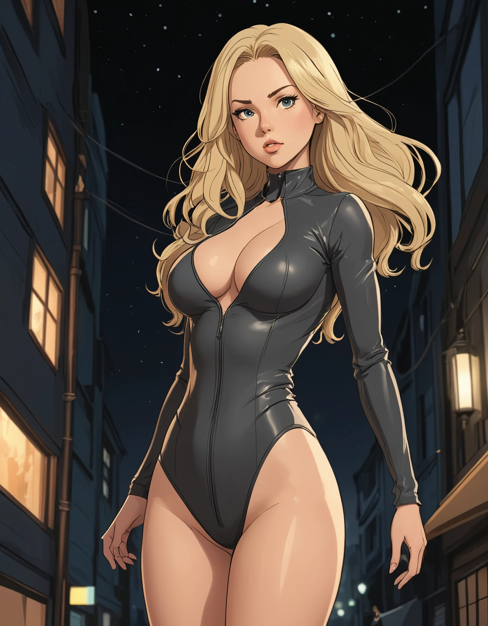 pixlineart, sketch, drawing, full body of a beautiful super sexy young woman, long blonde hair, blowing in the wind, nice eyes, looking at viewer, large breasts, dressed like a secret agent with a onesie catsuit made of sexy lycra and stiletto heel boots, standing in a provocative position. Her look is seductive as if she wanted to take you into her world and her expression is confident and arrogant, in a secret place, at night,  warm light, intricate detail, cinematic lighting, amazing quality, amazing shading, soft lighting, Detailed Illustration, anime style, wallpaper masterpiece, best quality, perfect hands