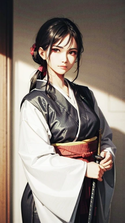 (masterpiece), (Best quality), 1 chubby Russian girl, samurai, (very tousled dark brown tousled long hair tied in a ponytail)(dark brown sparkling eyes, long eyelashes), holding a katana sword, help, black men's kimono, Japanese house background, detailed gorgeous face, perfect shading, dramatic lighting, very detailed, complex parts, whole body completely, standing