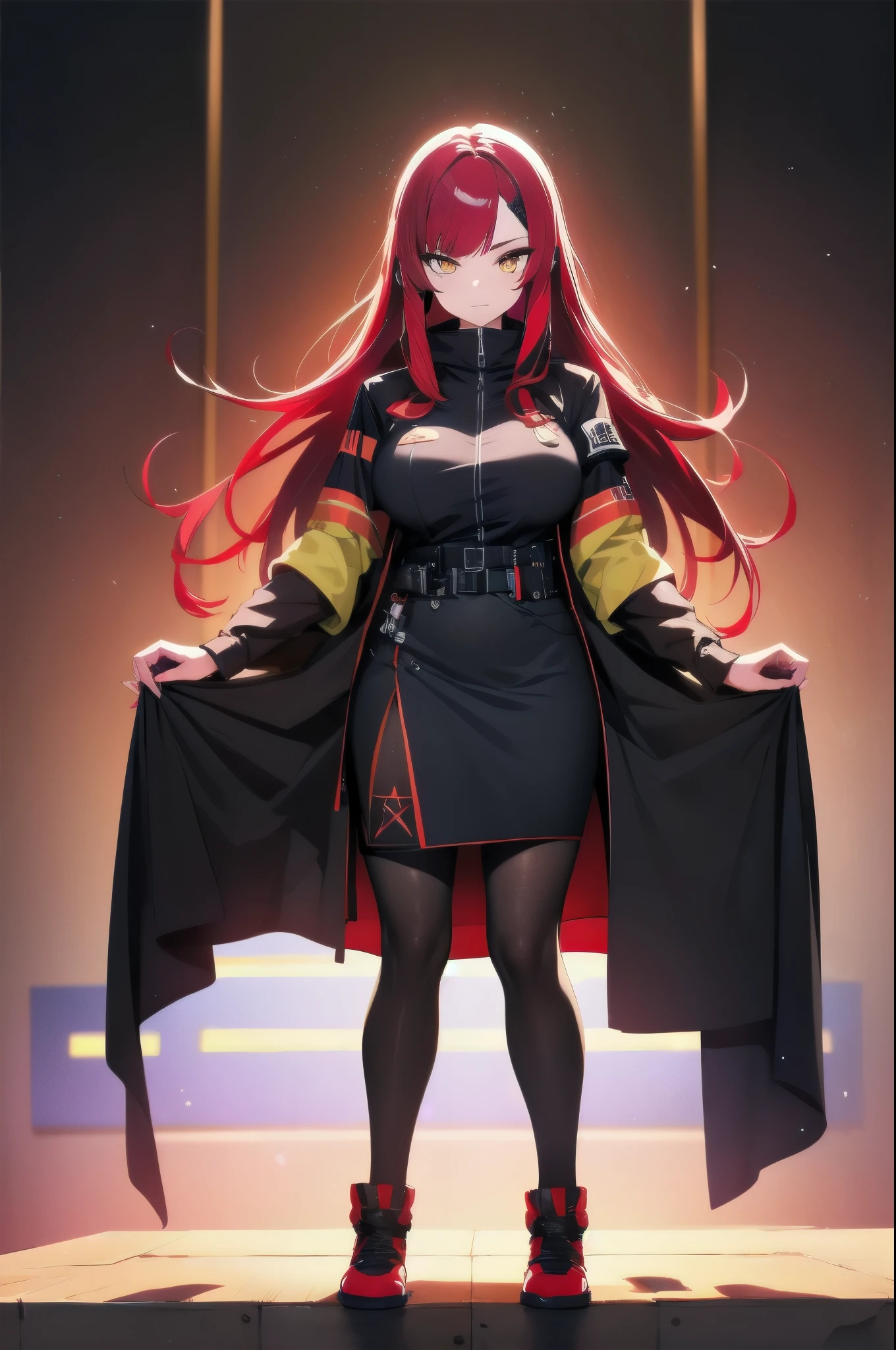 (masterpiece:1.37), woman, mature, extremely detailed eyes and face, long straight hair, (red hair:1.5), yellow eyes, military uniform, cloak, futuristic, science fiction, hologram armband, unicursal hexagram-shaped pupils, standing, large breasts, futuristic, science fiction, hologram armband, best quality, 8k, highres, ultra-detailed, studio lighting, ultra-fine painting, sharp focus, physically-based rendering, extreme detail description, professional, vivid colors, bokeh, extreme attention to detail, tsurime, messy bangs, long bangs, bright red hair highlights, two-tone hair, full body