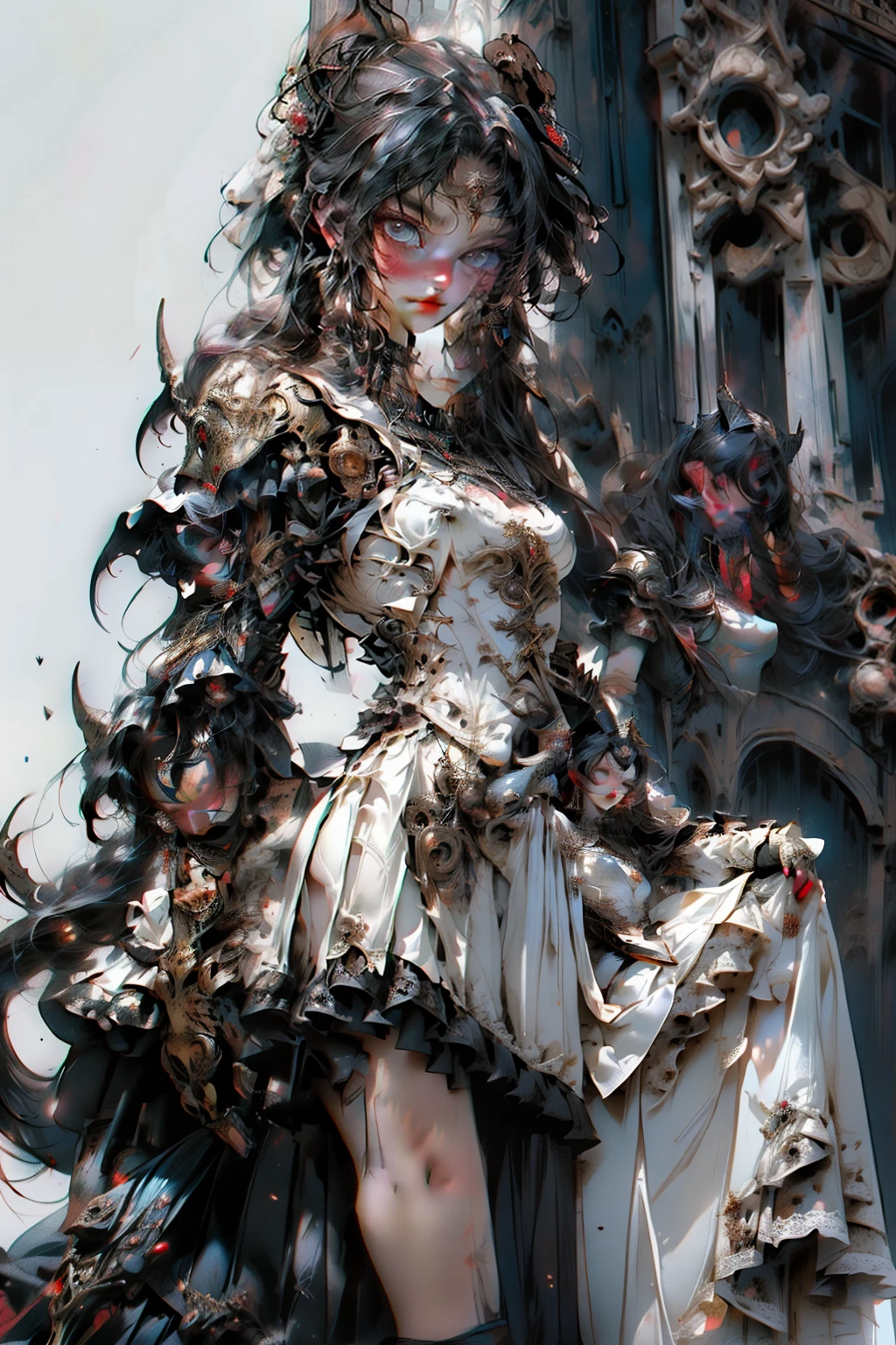 ((best quality)), ((masterpiece)), (detailed), blank white background, plain background, white background, Bloodborne inspired, occult aesthetic, occult, detailed and intricate steampunk and detailed gothic, NSFW, Very dramatic and cinematic lighting, cosmic horror, grim-dark, side-lighting, perfect face, a beaituful goddess valkyrie adorned and enshrined in armour, Bloodborne inspired valkyrie, occult aesthetic valkyrie, occult valkyrie, detailed and intricate steampunk and detailed gothic valkyrie, NSFW, Fluttering lace flared long knee length dress with frilly petticoats, knee length dress, pleated petticoats, lolita dress, petticoats gothic lolita, side-lighting, gothic lolita aesthetic, beautiful small breasts, small breasts, full body, whole body, body, plain background, white background, blank background, no background, white background