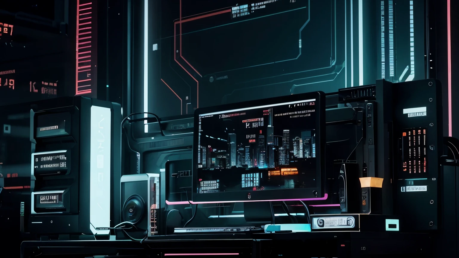 a wallpaper in the proportion of a computer screen. an image that its elements look like a technological circuit, with cyberpunk colors and several 0s and 1s spread across the image