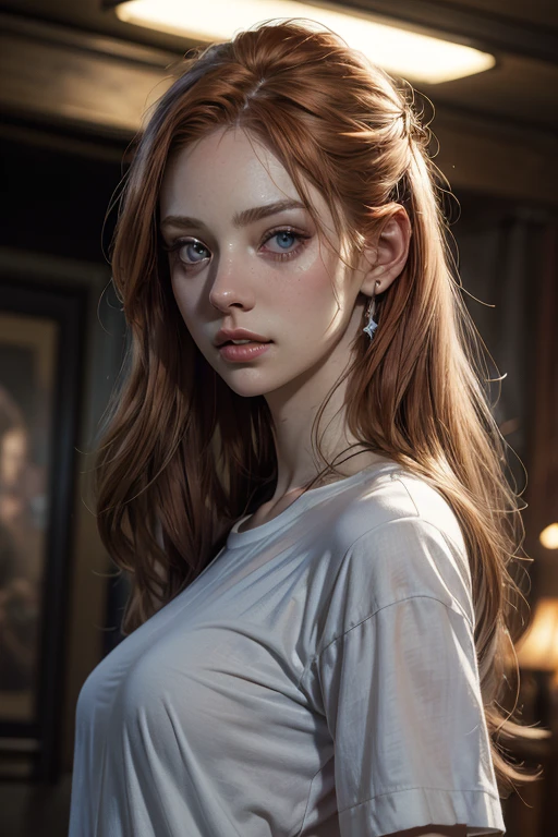 light redhead hair, vibrant blue eyes, white pale skin, portrait, rocker clothes, band clothes, thin nose, thin chin, dark night scene, High detail RAW colored art, (detailed skin, skin texture), (muscle), intricate details, fine details, hyperdetailed, ray tracing, subsurface scattering, diffuse soft lighting, red and blue spotlight, by Jeremy Mann, Greg Manchess, Antonio Moro, trend at ArtStation, trend at CGSociety, Intricate, High Detail, Sharp focus, dramatic and photorealistic painting art by midjourney, bokeh in the background, Pub, best quality, masterpiece, only 1girl, fullbody portrait, night dark ambient, look at the viewer, white t-shirt, blue jeans pants, night bar, country scenario, slender girl