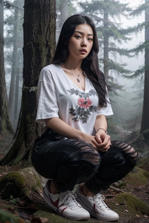 Arden Cho, Kira Yukimura, Teen Wolf, 18 years old, long messy black hair, black eyes, white blouse with red flower print, dark black jeans, black sneakers, silver pendant, white wolf print. Forest background with fog aura around black color.