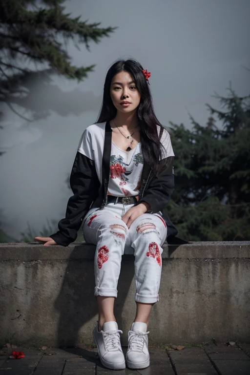 Arden Cho, Kira Yukimura, Wolf, 18 years old, long messy black hair, black eyes, white blouse with red flower print, dark black jeans, black sneakers, silver pendant, white wolf print. Forest background with fog aura around black color.
