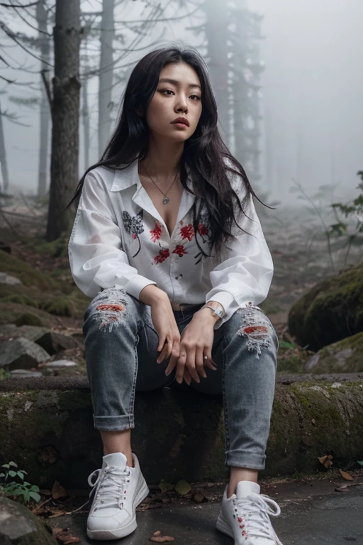 Arden Cho, Kira Yukimura, Teen Wolf, 18 years old, long messy black hair, black eyes, white blouse with red flower print, dark black jeans, black sneakers, silver pendant, white wolf print. Forest background with fog aura around black color.