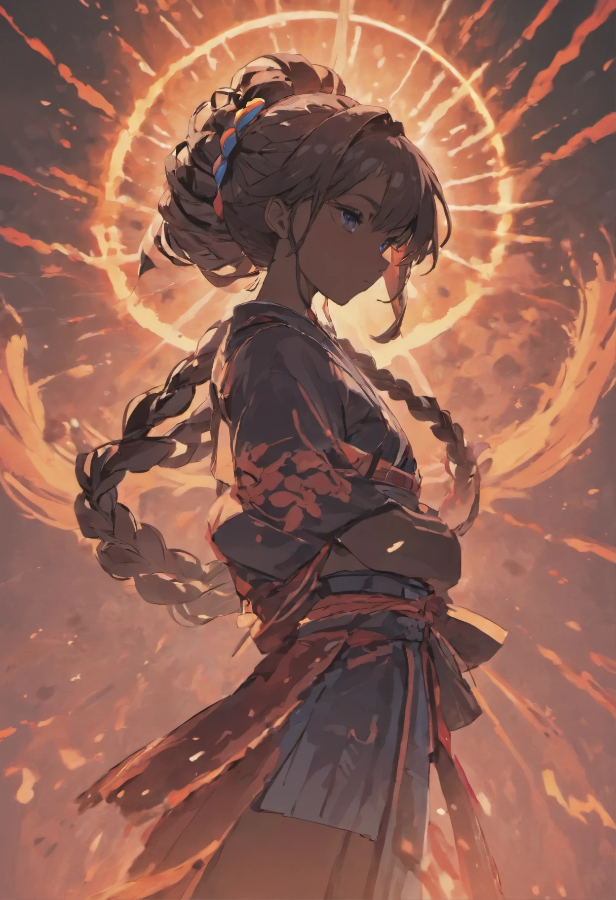 Create the image of a black samurai woman, with braided dreadlocks, modern hair posing in Japan with a beautiful sunset and covered in blood in white blue and white , with full body view