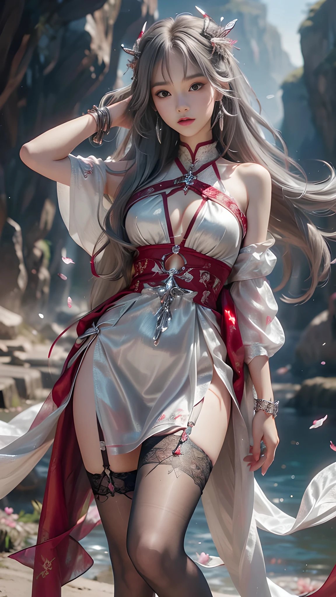 8K, ultra hd, masterpiece, hd color, 1 girl, perfect face, very long curly hair, detailed eyes, she wears a small sexyly red dress, ((silver clothes)), stockings, (( criss-cross lace)), sardine, straps, clothing net, ((long loop)), jewelry, seaside, Realistic landscape, majestic landscape, standing in front of the night, evening, Butterfly , cherry blossoms, blowing wind, perfect posture, sexyly poses,