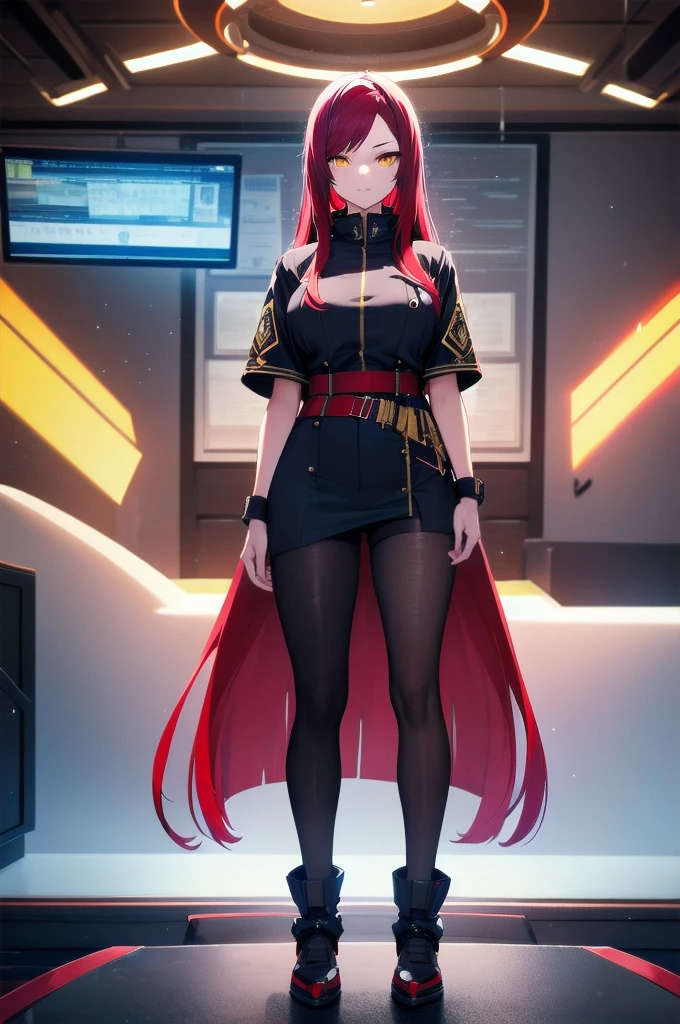 (masterpiece:1.37), woman, mature, extremely detailed eyes and face, long straight hair, (red hair:1.5), yellow eyes, military uniform, cloak, futuristic, science fiction, hologram armband, unicursal hexagram-shaped pupils, standing, large breasts, futuristic, science fiction, hologram armband, best quality, 8k, highres, ultra-detailed, studio lighting, ultra-fine painting, sharp focus, physically-based rendering, extreme detail description, professional, vivid colors, bokeh, extreme attention to detail, tsurime, messy bangs, long bangs, bright red hair highlights, two-tone hair, full body, glowing clothing, luminescent clothing