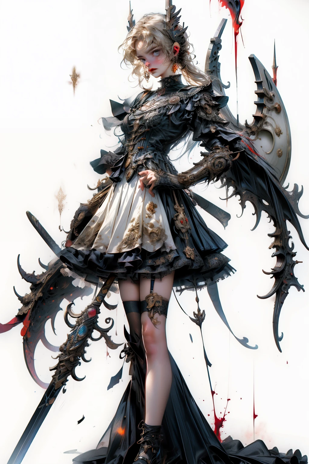 ((best quality)), ((masterpiece)), (detailed), blank white background, plain background, white background, Bloodborne inspired, occult aesthetic, occult, detailed and intricate steampunk and detailed gothic, NSFW, Very dramatic and cinematic lighting, cosmic horror, grim-dark, side-lighting, perfect face, a beaituful goddess valkyrie adorned and enshrined in armour, Bloodborne inspired valkyrie, occult aesthetic valkyrie, occult valkyrie, detailed and intricate steampunk and detailed gothic valkyrie, wielding a sword and shield, NSFW, Fluttering lace flared long knee length dress with frilly petticoats, knee length dress, pleated petticoats, ta dress, petticoats gothic loliside-lighting, gothic lolita aetic, beautiful small breasts, small breasts, full body, whole body, body, plain background, white background, blank background, no background, white background