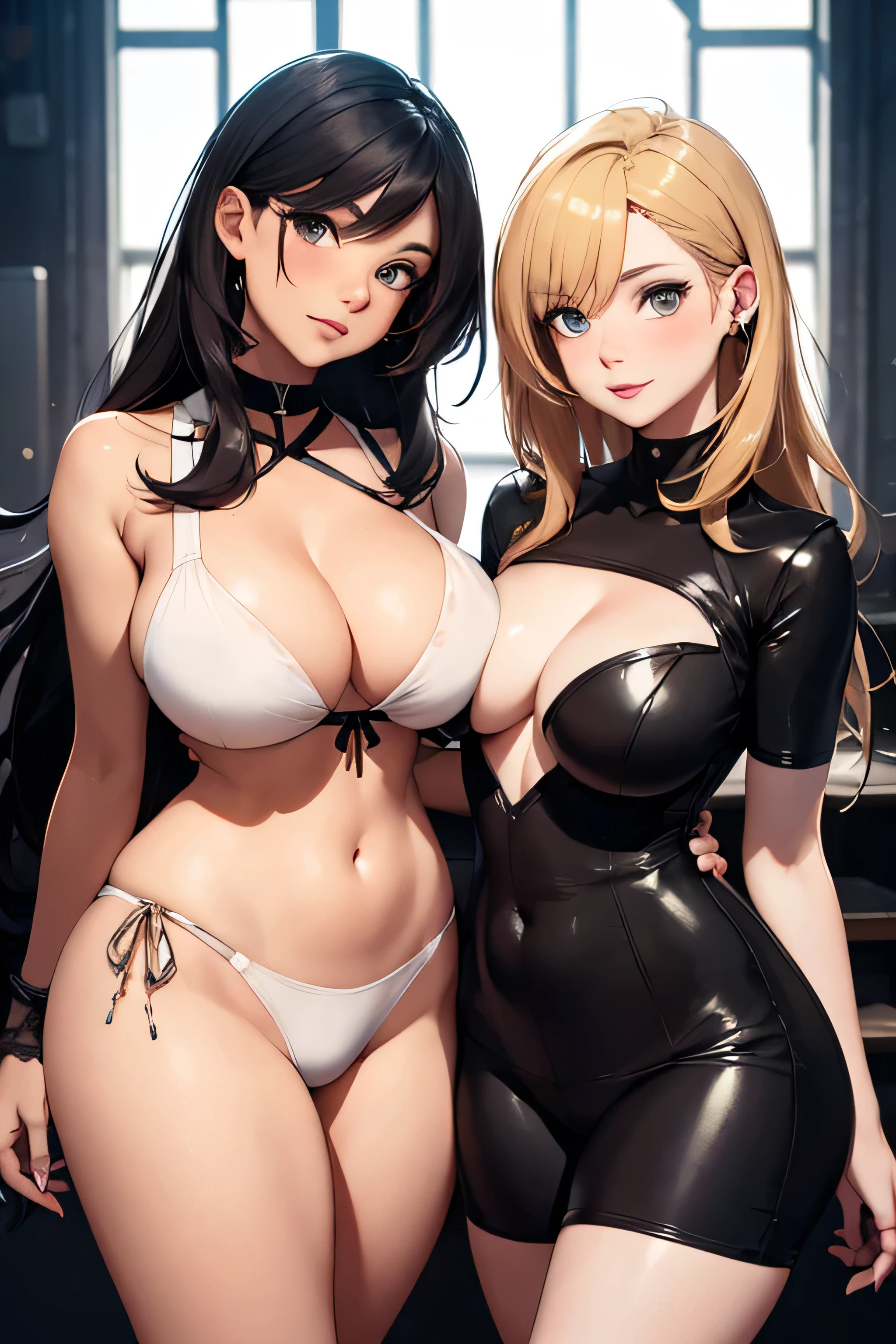Dos chicas juntas, con ropa sexy negra, una cabello amarillo largo, and another long black hair and have an extremely curvy body