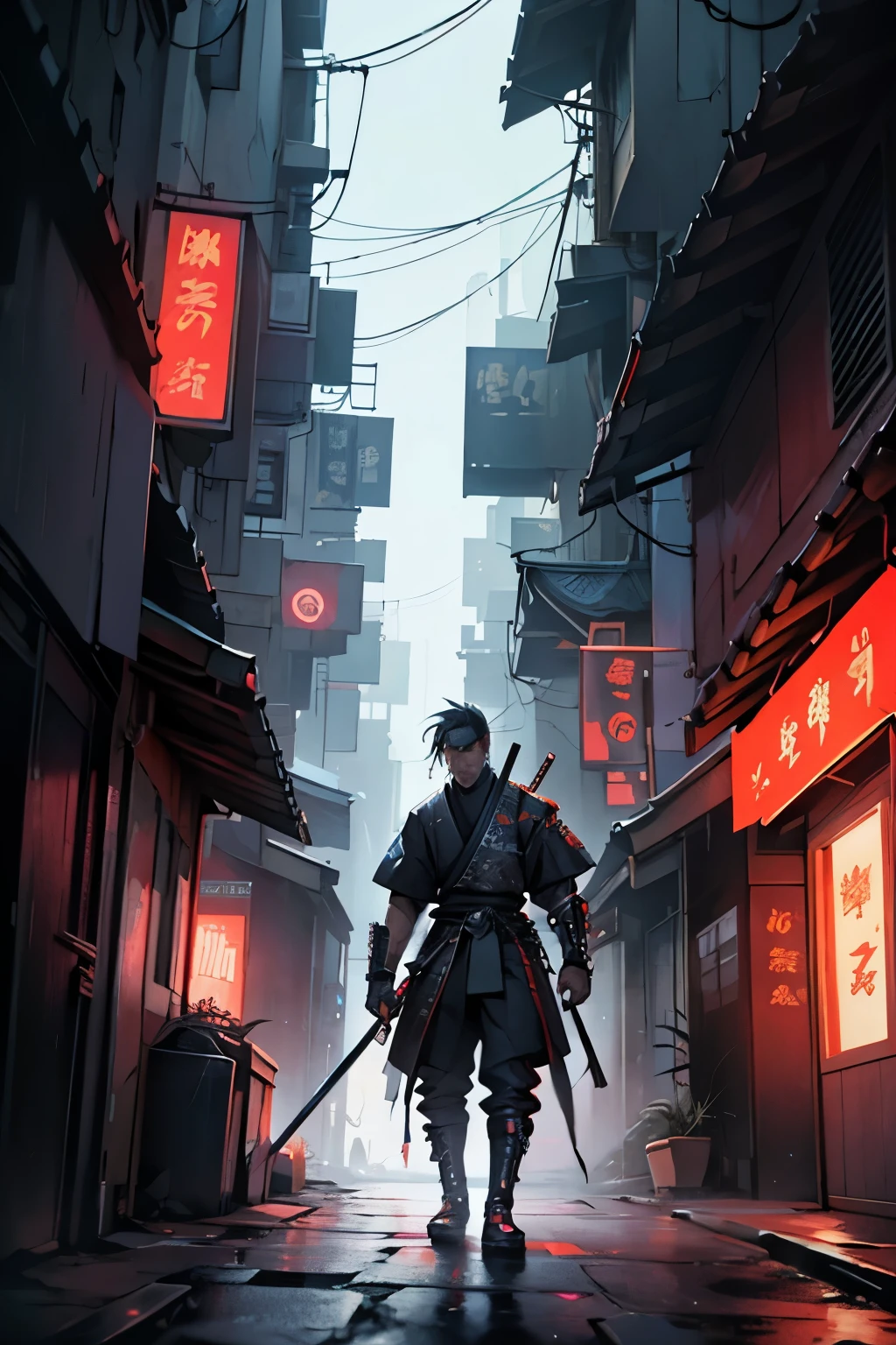 Cyberpunk style, samurai with futuristic gadgets standing in an ally, with the city lights in the background with a futuristic sword in hand