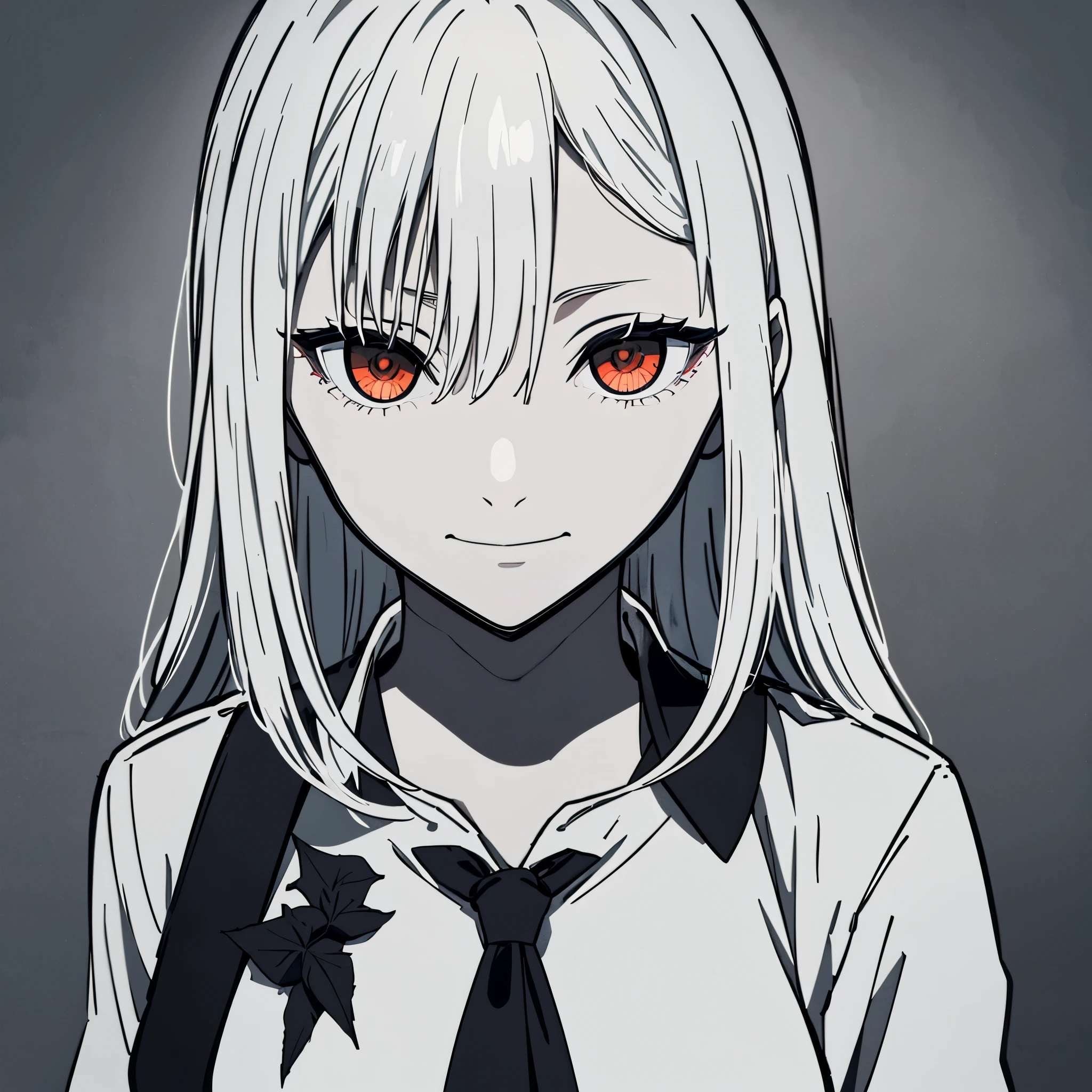 style of painting,(empty background), (Front Portrait),(High cold), smile,monochrome, blank stare, dead fish eyes, cold beauty,half lidded eyes, indifferent expression, black and white portrait, bored, impassive, solo,(1girl),Wispy bangs, Textured straight, Above the waist, ((White Hair)), (Red Pupil),((balck and white dress)), Shirt, Wispy bangs