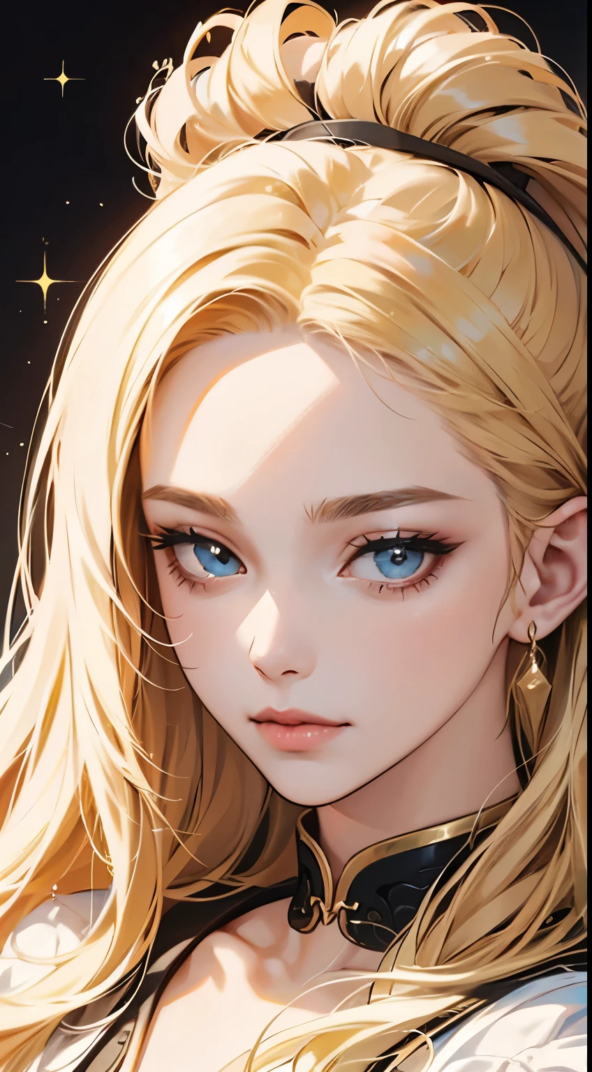 Painting of a woman with blond hair, stunning anime face portrait, beautiful drawing of the characters, beautiful anime portrait, presenting a stunning effect. The picture is very detailed, image of women's faces and clothing. Her face has a creamy dripping effect, which makes the whole face brighter. She's wearing a beautiful detailed outfit, showcasing classic charm, medical gown, business style, shirt, A skirt, Blue eyes