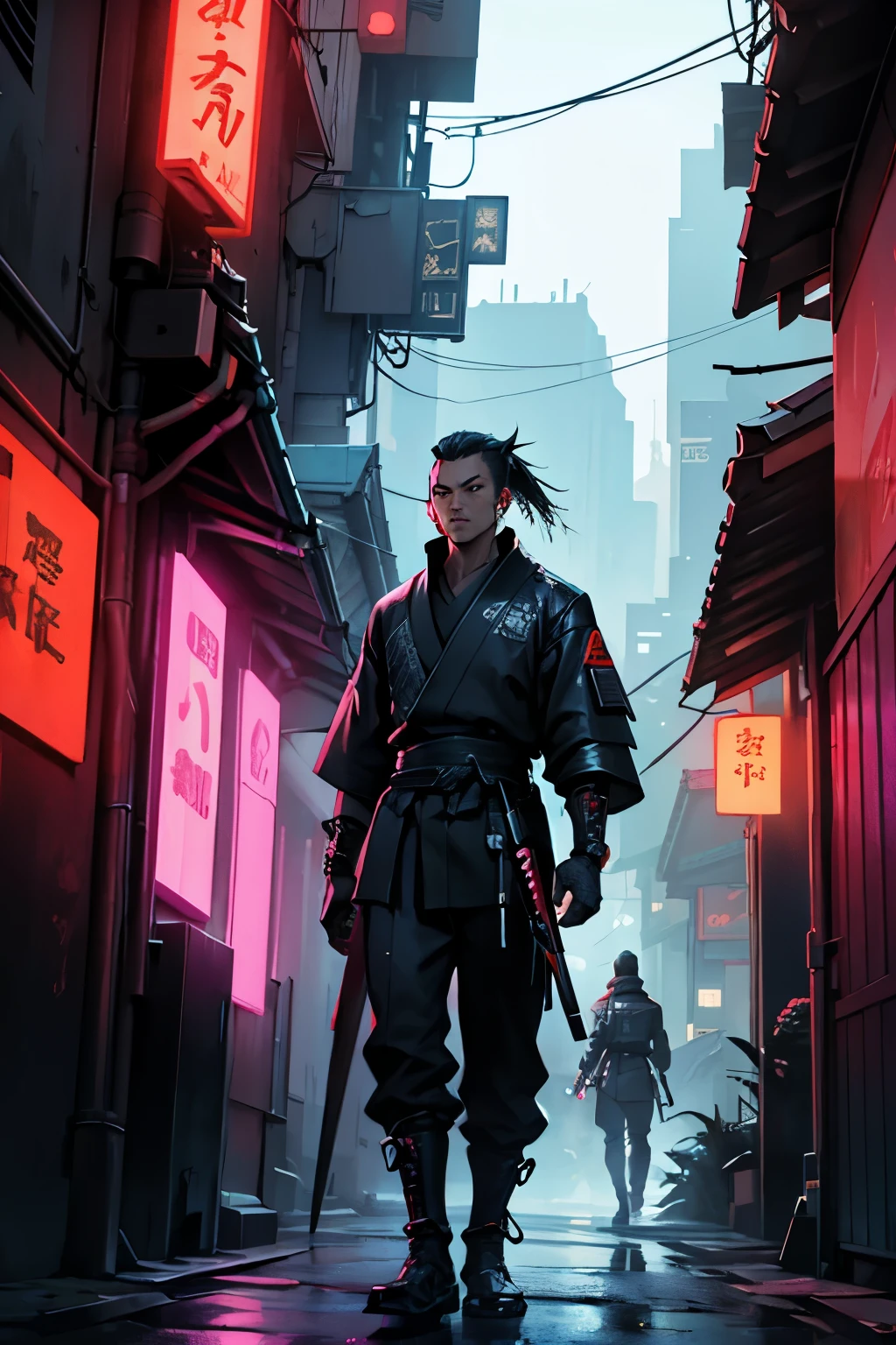Cyberpunk style, samurai with futuristic gadgets standing in an ally, with the city lights in the background with a futuristic sword in hand