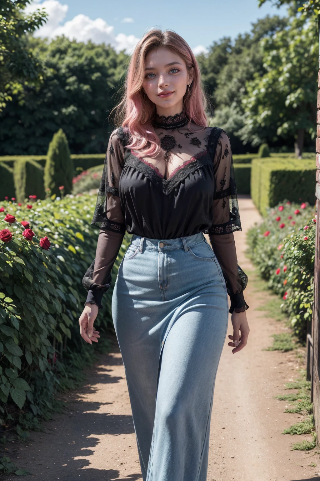 warm smile, mujer encantadora, (Espartilho com Bojo, made in Laise Poá and Lace, red, black, blacked, blue, sky blue, light blue, multicolored), (in a garden full of roses), hourglass body, green eyes, detailed eyes, perfect eyes, lips, pink lipstick, ((walking))