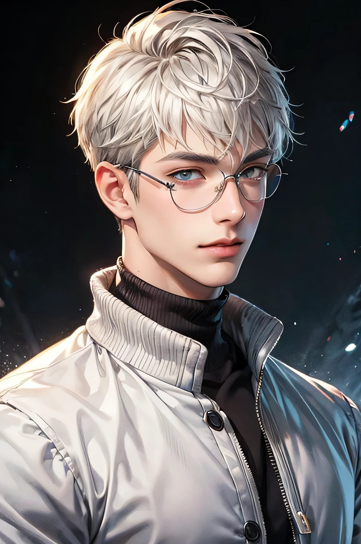 ((mejor calidad)), ((obra maestra)), (detallado)), Anime style image of a man wearing glasses and a turtleneck sweater., pelo blanco, de pelo blanco, hombre guapo animado, Retrato anime de un hombre guapo., pelo gris, akihiko yoshida!, personaje de anime masculino, retrato de personaje de anime, pelo plateado, chico anime alto con ojos azules, estilo anime masculino, anime semi realista