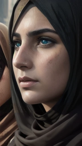 a group of 5 woman syrian, detailed facial features, beautiful eyes, expressive poses, cinematic lighting, dramatic shadows, vibrant colors, digital painting, photorealistic, masterpiece