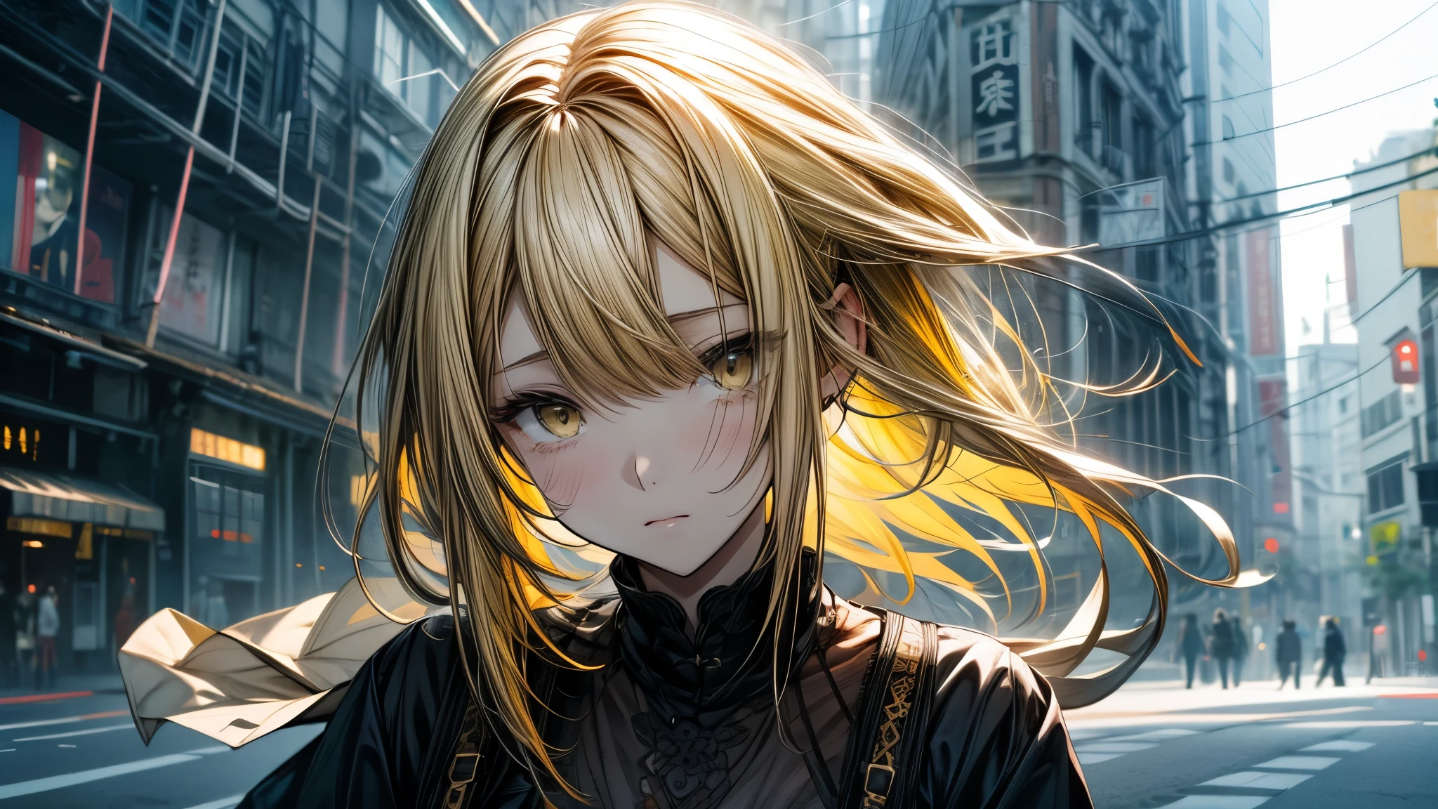 1 girl in、Eyes swaying anxiously、Tears、Eyelids lowered、Yellow hair、Medium Hair、Yellow eyes、
