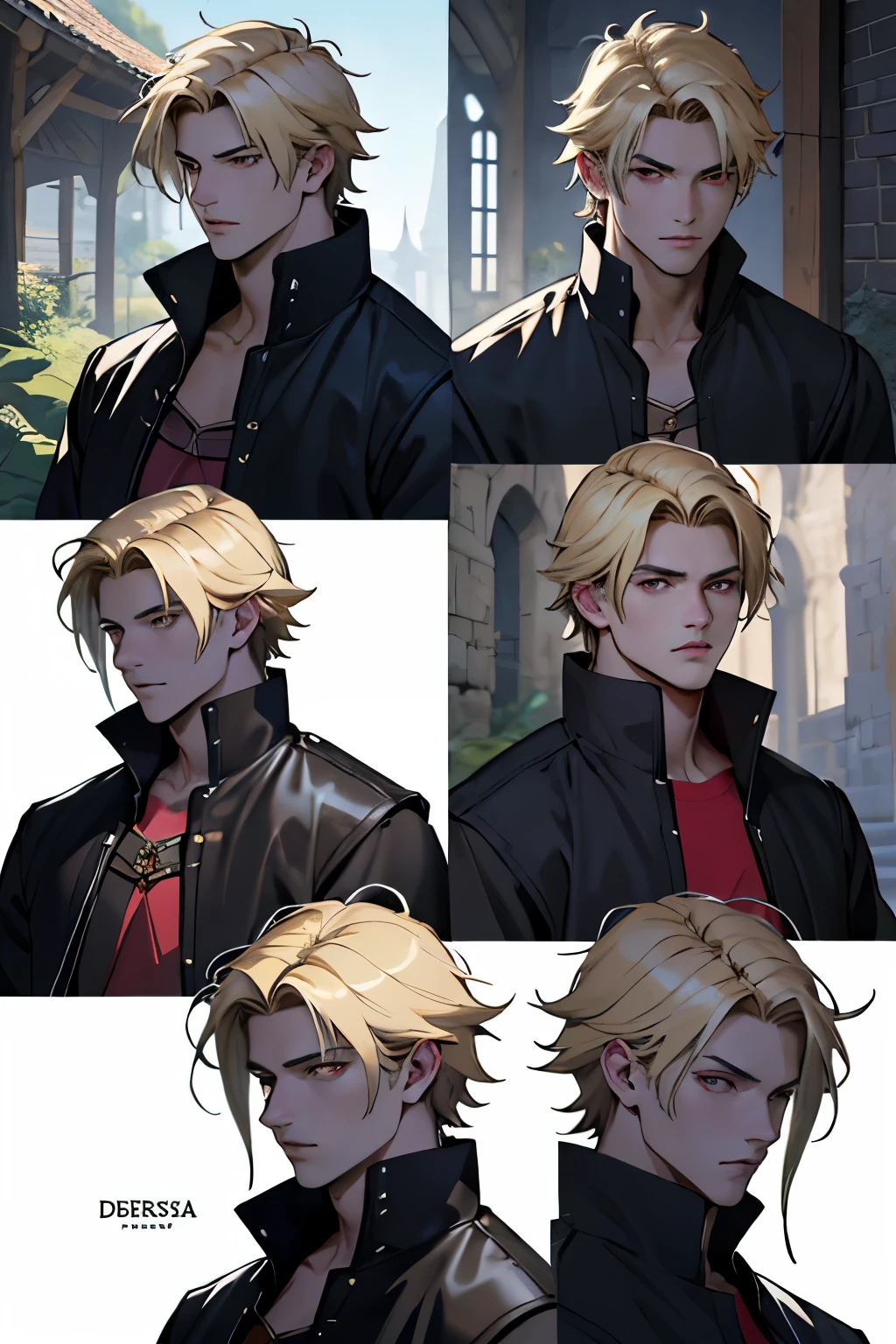 ((melhor qualidade)), ((Obra de arte)), (detalhado), perfect face Digital illustration in semi-realistic style with anime influences, showing different angles of a young blond warrior with red eyes. Ele veste roupa de aventureiro com detalhes em couro que parece um terno preto, incluindo uma capa. A imagem deve ter alta qualidade e detalhes realistas, com toques de fantasia medieval