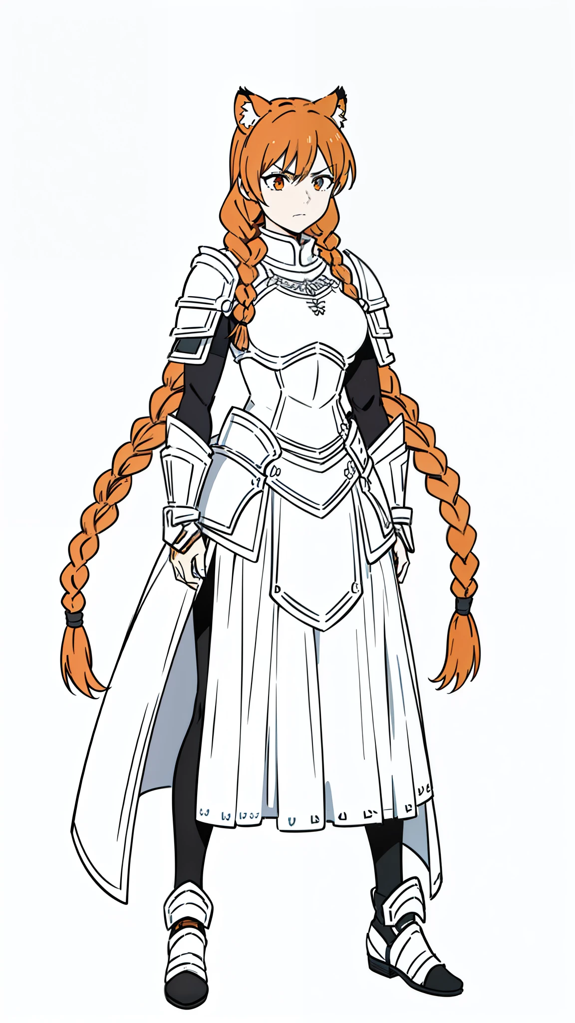 ((1girl,20 years old,mature female,solo)),tiger ears,long hair,(twin braids),orange hair,knight armor,(white background,line drawing),perfil,angry,(black pantyhose),portrait