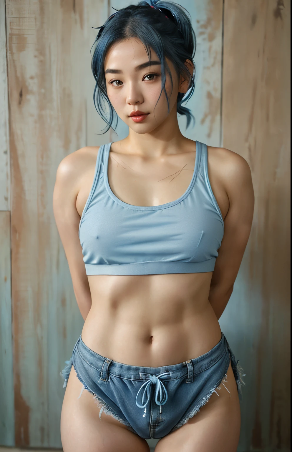 ((realistic skin texture, full body)), alluring Korean woman using lipstick, tank top casual outfit, ((blue hair tied up mid hair)), cute pose looking away, huge hooters, ((best quality, best quality, realistic photography)), ((masterpiece)),(full head on frame)) brown hair