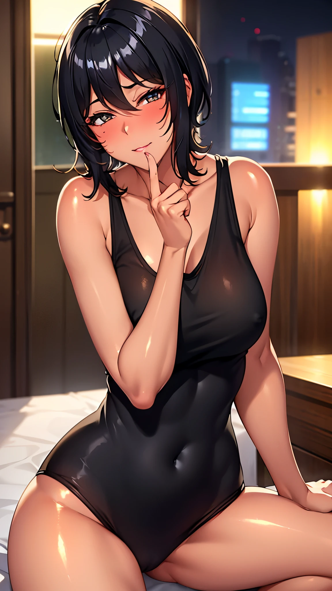 (Wallpaper,8k), (masterpiece, beautiful lighting, vibrant, best Quality), 1 woman, solo, short black hair, Messy hair , tank top, indoor, night、(Oily skin:1.5, Shiny skin:1.3)