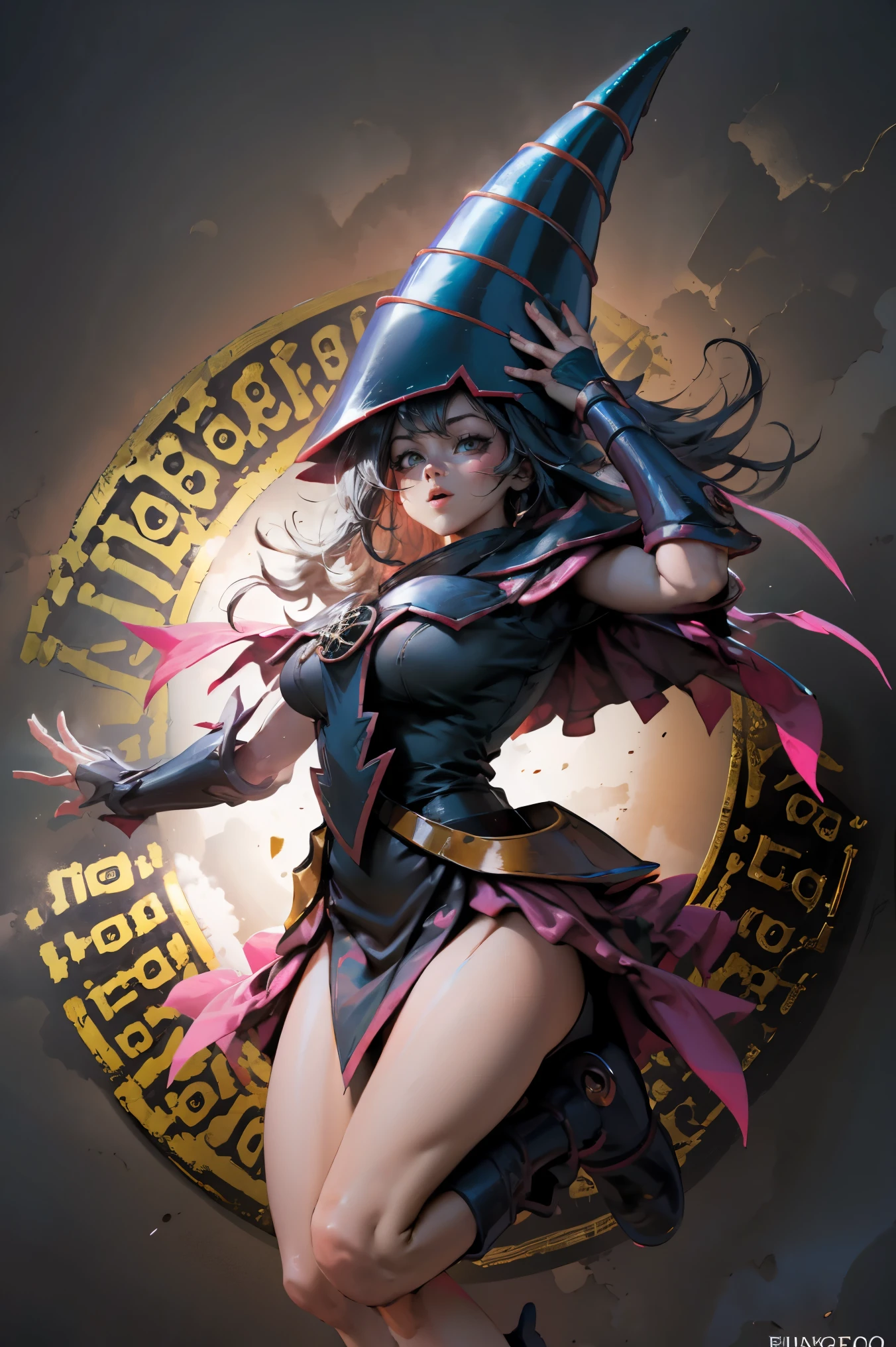 (Obra maestra:1.2), (La mejor calidad:1.2), perfect lighting, Chica Maga Oscura lanzando un hechizo, En sus veinte, flotando en el aire, tetas grandes, escote, bata azul, sombrero grande, desde arriba, Destellos, Yugioh juego, magic of the heart. luces del corazon, Romantic heart