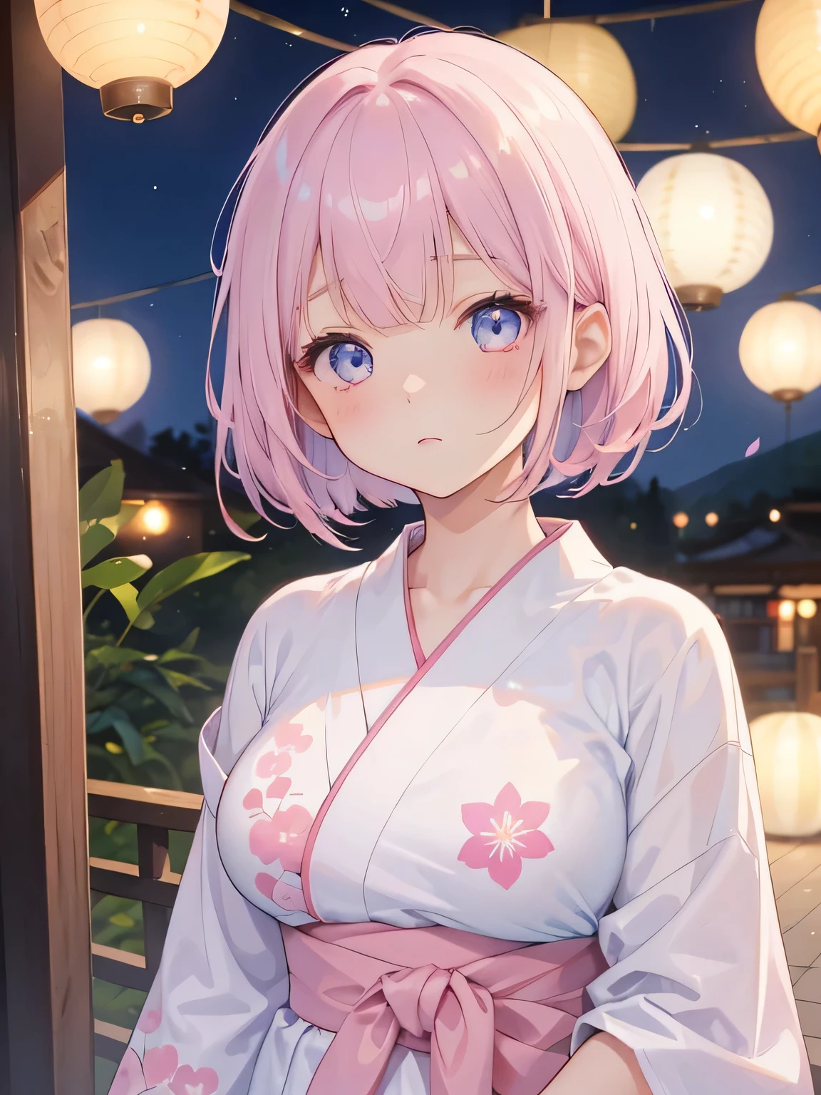 One girl、cute、Pale pink hair、Bob Hair、Soft Hair、trimmed bangs、Lilac and light blue gradation eyes、cute smile、Slightly plump breasts、Yukata with bright floral pattern、The background is a Japanese-style town、Lanterns on the background、night、About 22 years old