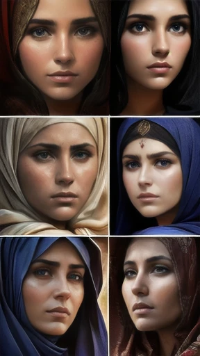 a group of 5 woman Judaean, detailed facial features, beautiful eyes, expressive poses, cinematic lighting, dramatic shadows, vibrant colors, digital painting, photorealistic, masterpiece