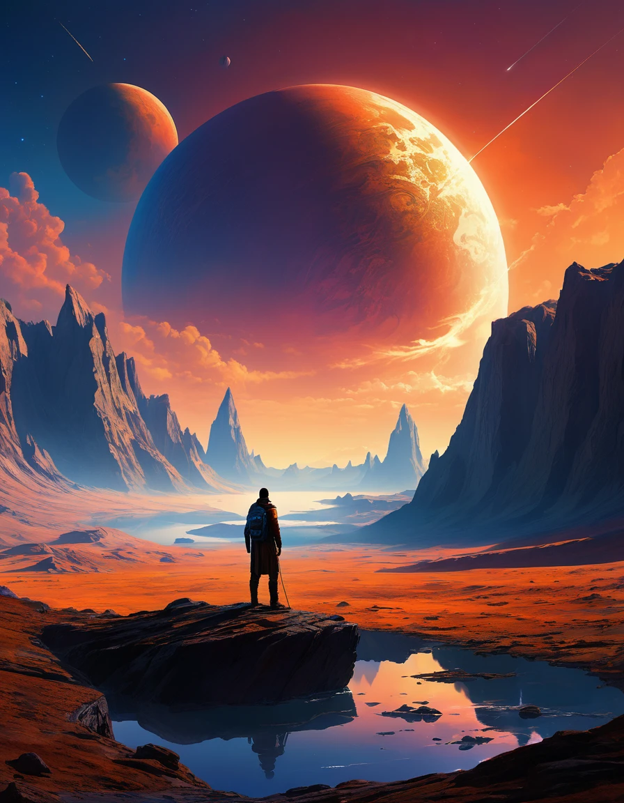 un homme debout sur une surface rocheuse regardant les planètes, concept art inspiré par Christopher Balaskas, trend on the CG company, art spatial, art de science-fictionwork, Fond d&#39;écran fantastique de science-fiction, science-fiction spatiale, art de science-fictionwork, Espace fantastique, art de science-fictionwork, art de science-fiction, fond d&#39;amazing screen, art de science-fiction, art de science-fiction