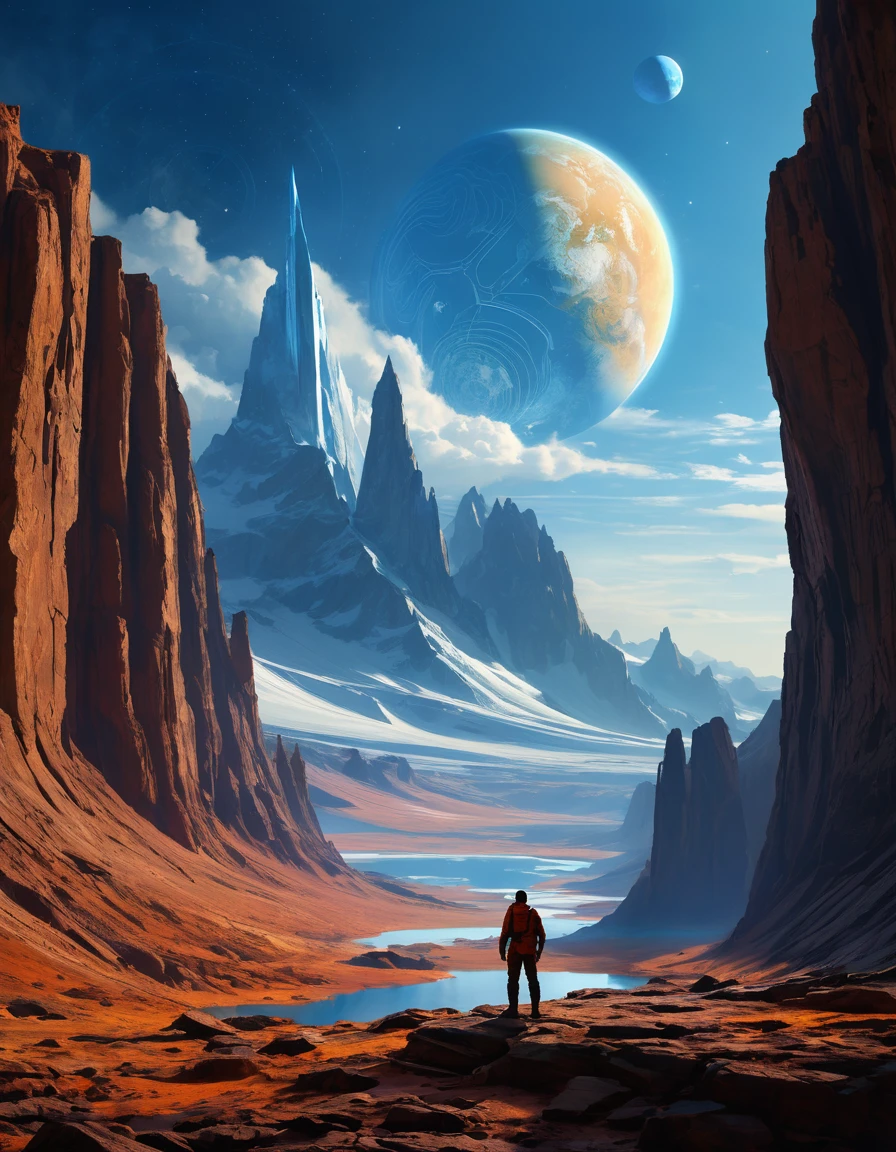 un homme debout sur une surface rocheuse regardant les planètes, concept art inspiré par Christopher Balaskas, trend on the CG company, art spatial, art de science-fictionwork, Fond d'écran fantastique de science-fiction, science-fiction spatiale, art de science-fictionwork, Espace fantastique, art de science-fictionwork, art de science-fiction, fond d'amazing screen, art de science-fiction, art de science-fiction