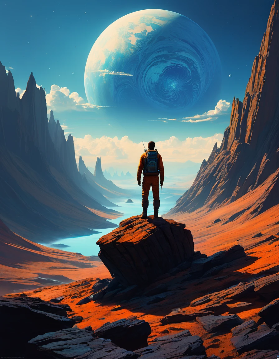 un homme debout sur une surface rocheuse regardant les planètes, concept art inspiré par Christopher Balaskas, trend on the CG company, art spatial, art de science-fictionwork, Fond d'écran fantastique de science-fiction, science-fiction spatiale, art de science-fictionwork, Espace fantastique, art de science-fictionwork, art de science-fiction, fond d'amazing screen, art de science-fiction, art de science-fiction