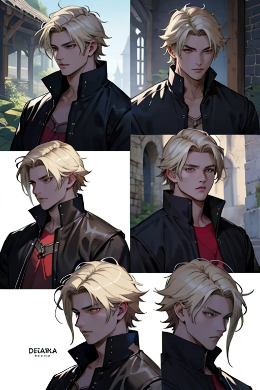 ((melhor qualidade)), ((Obra de arte)), (detalhado), perfect face Digital illustration in semi-realistic style with anime influences, showing different angles of a young warrior with white hair and red eyes. Ele veste roupa de aventureiro com detalhes em couro que parece um terno preto, incluindo uma capa. A imagem deve ter alta qualidade e detalhes realistas, com toques de fantasia medieval
