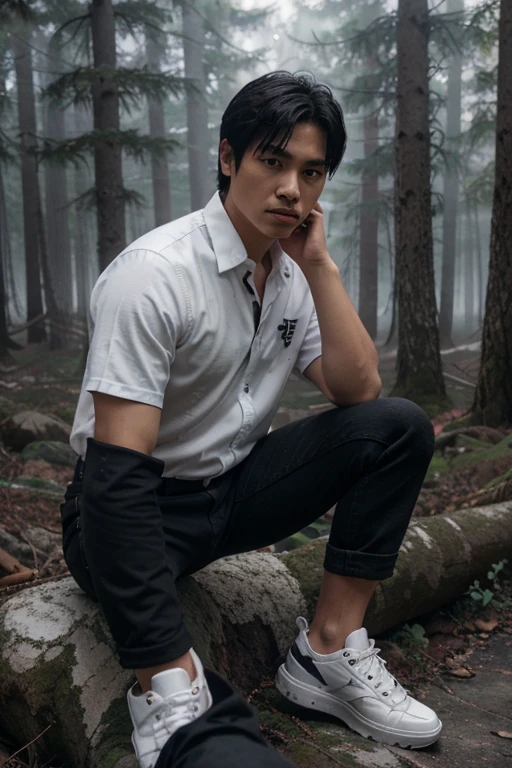 Tom T. Choi, Ken Yukimura, Teen Wolf, 18 years old, short messy black hair, black eyes, white dress shirt, dark black jeans, black shoes, silver pendant, white wolf print. Forest background with fog aura around black color.