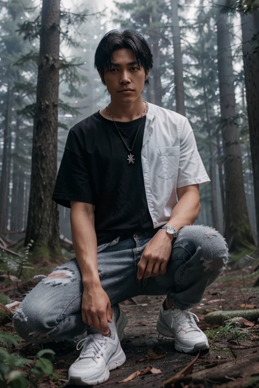 Tom T. Choi, Ken Yukimura, Teen Wolf, 18 years old, short messy black hair, black eyes, white dress shirt, dark black jeans, black shoes, silver pendant, white wolf print. Forest background with fog aura around black color.