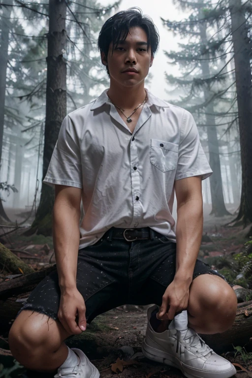 Tom T. Choi, Ken Yukimura, Teen Wolf, 18 years old, short messy black hair, black eyes, white dress shirt, dark black jeans, black shoes, silver pendant, white wolf print. Forest background with fog aura around black color.