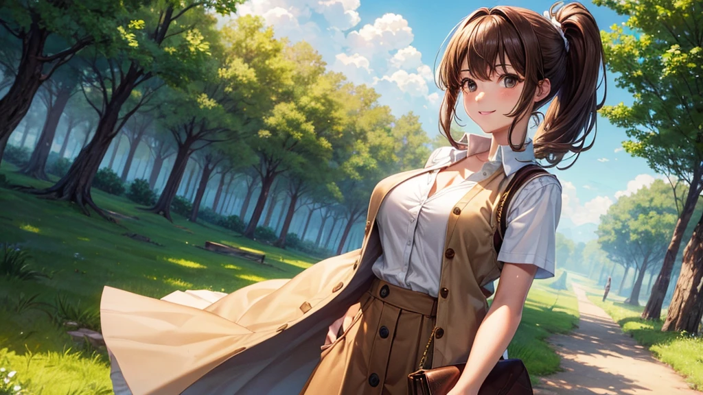 1girl, full body, solo, summer, village, trees, sun, clouds, ((brown hair)), ponytail, large , ((brown vest)), button  shirt, ((white shirt)), ((short sleeved shirt)), ((unbuttoned shirt)), unbuttoning buttons, clge 1:3, bs, skirt, smile, looking at the viewer, standing, hair ribbon, golden necklate, shoulder bag