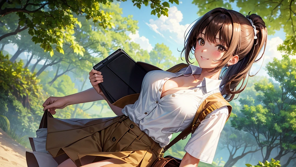 1girl, full body, solo, summer, village, trees, sun, clouds, ((brown hair)), ponytail, large breasts, ((brown vest)), button down shirt, ((white shirt)), ((short sleeved shirt)), ((unbuttoned shirt)), unbuttoning buttons, cleavage 1:3, brown eyes, skirt, smile, looking at the viewer, standing, hair ribbon, golden necklate, shoulder bag