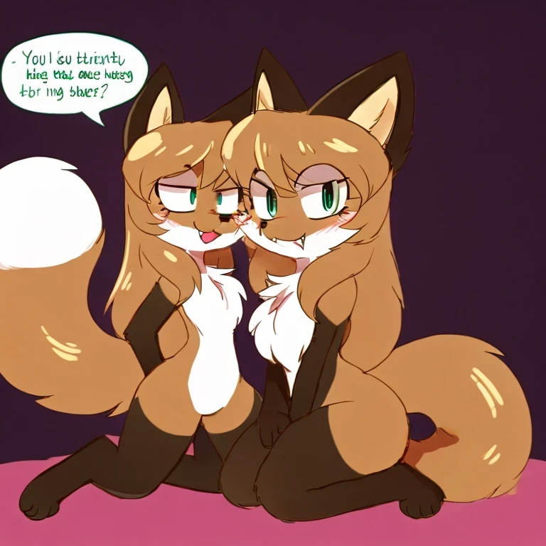 uploaded the e621, beautiful and detailed, woman (((female))) ((anthro)) Fox, (Averi, Fox girl), cinematic lighting, Fox, (anthro, fluffy fur), 1girl, anthro fox girl, body fur, curvy, sexy, nice, cute, hot, comfortable anime-style cartoon-style, digital drawing, SFW, flat chest, nervous smiling, sassy, sassy hips, smug, fangs, simple background, speech bubble, green eyes, side view, looking at viewer, 2 girls, on knees