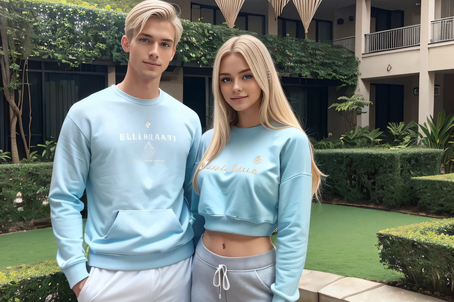 woman twenty five years old long light blonde hair light blue eyes delicate face angelic white skin beautiful hand perfect medium nails giant bust very thin waist full body athletic pattern ultra realistic 4k cinematic hyper realistic 4k wearing cropped sweatshirt and pants with her boyfriend 22 year old handsome man , white skin, light blonde hair with a high faded cut and light blue eyes and smiling Very athletic body wearing green sweatshirt in the hotel garden in São Paulo