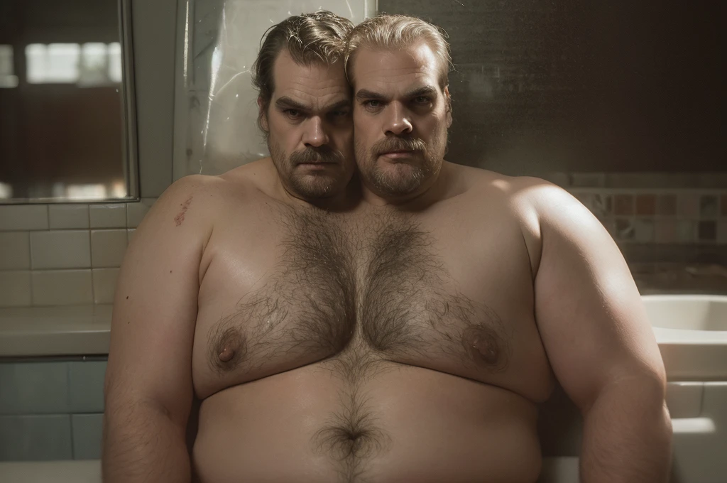 (((2heads))), solo, ((((david harbour)))), middle aged, male, short graying hair, ((obese, overweight, fat, chubby, heavy, dadbod)), ((nude)), navel, body hair, dreamy atmosphere, dark cyan and red, i can't believe how beautiful this is, serene atmosphere, epic realistic, soft cinematic light, hdr, intricate, highly detailed, (depth of field:1.4), faded, (neutral colors:1.2), (hdr:1.4), (muted colors:1.2), hyperdetailed, (artstation:1.4), cinematic, dramatic light, (intricate details:1.1), bathroom stall scenery, (rutkowski:0.66), (intricate details, hyperdetailed:1.15) (skin texture:1.2), detailed expressions, natural pose, sitting on toilet