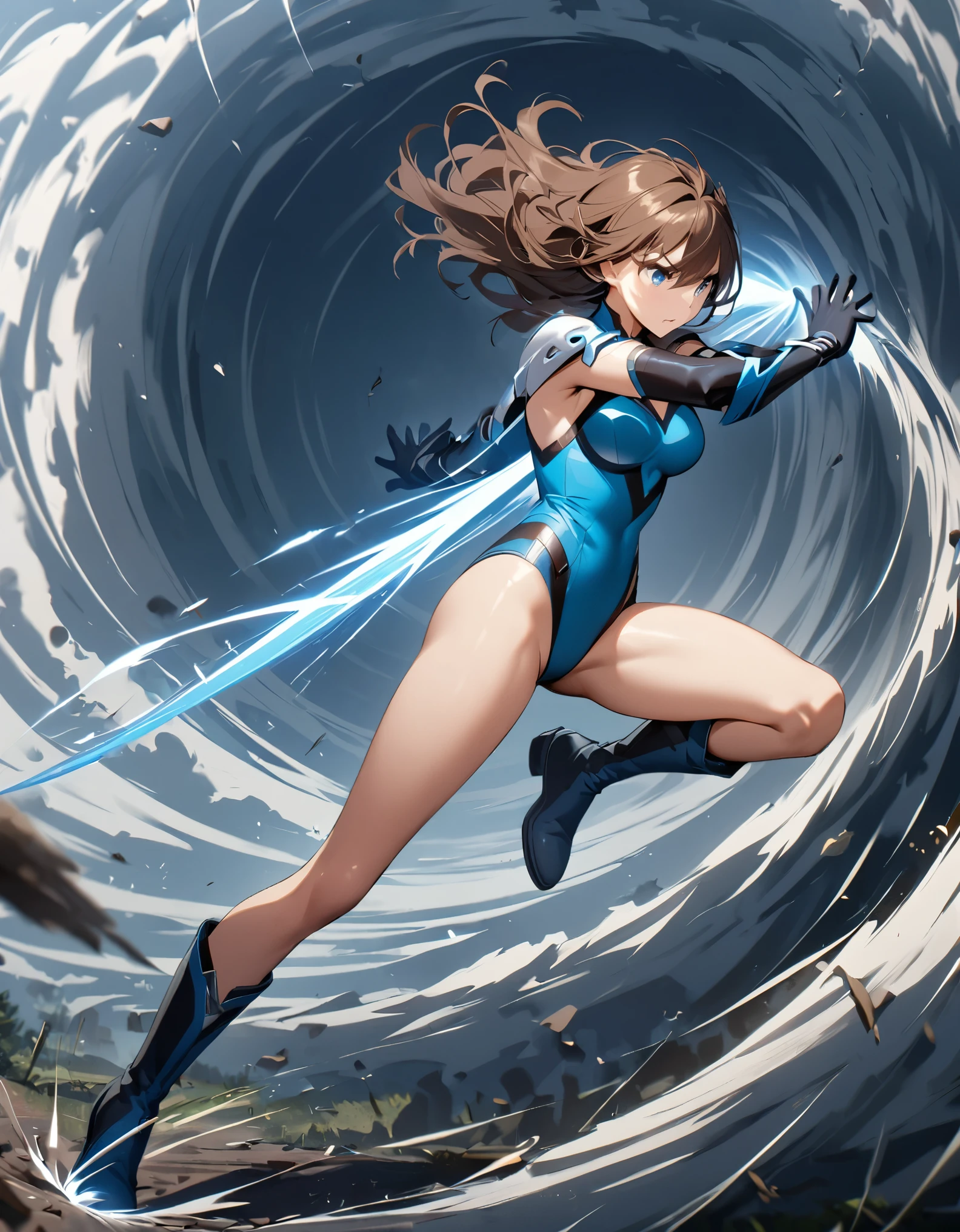 1girl, solo, solo focus, female superhero, medium breasts, leotard, red and blue leotard, bare legs, boots, matching boots, gloves, matching gloves, brown hair, blue-grey eyes, full body. legs straight. (she spins) at an (incredible speed), creating a whirlwind of air around her. curved sword smash. ((she spins)) into a ((tornado)).