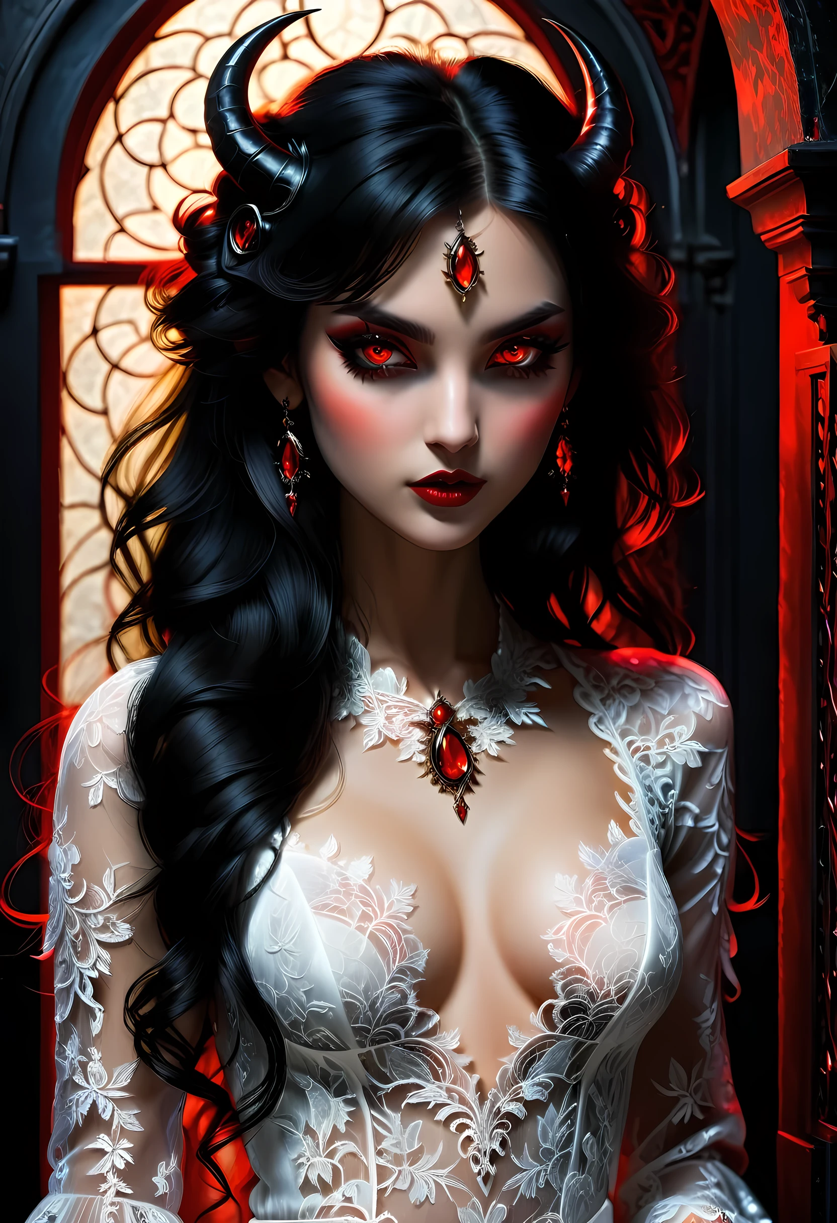 epic good looking succubus wearing a (white lace: 1.5) dress (intense details, Masterpiece, best details: 1.6),, offering a gold and red diamond ring in hand (intense details, Masterpiece, best details: 1.6), full body (intense details, Masterpiece, best details: 1.6), ultra detailed face (intense details, Masterpiece, best details: 1.5),standing in the door entrance, holding a red and gold ring (intense details, Masterpiece, best details: 1.6), black hair, long hair, red eyes, glowing eyes, small horns, red high heels, dim light, high details, best quality, 8k, [ultra detailed], masterpiece, best quality, (extremely detailed), ultra wide shot, photorealistic, gothic art, sense of darkness, sense of seduction, fiery magic symbols (intense details, Masterpiece, best details: 1.6),in the background, lace drawing, Dark Art Painting Style, dark, black and color