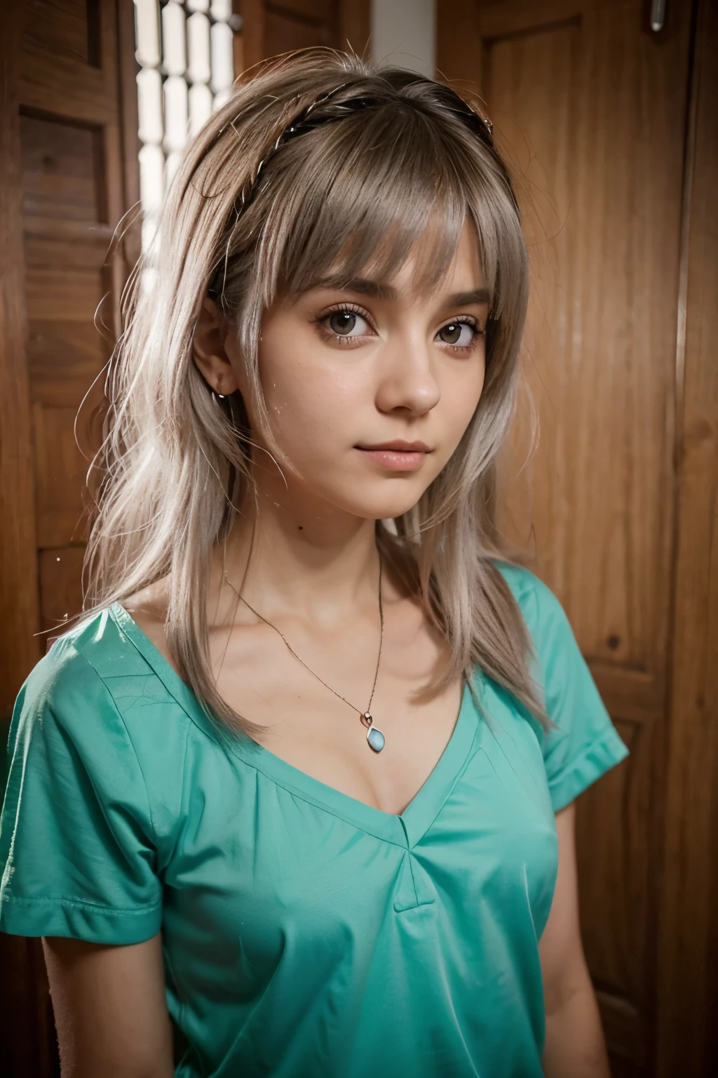uma garota de 13/14 anos, com cabelos brancos e grande ate suas coxas, com uma pele branca e olhos com um tom de rosa bem claro, com uma franja, e uma mecha rosa claro que vai de sua franja ate a ponta do seu cabelo, do lado de killua