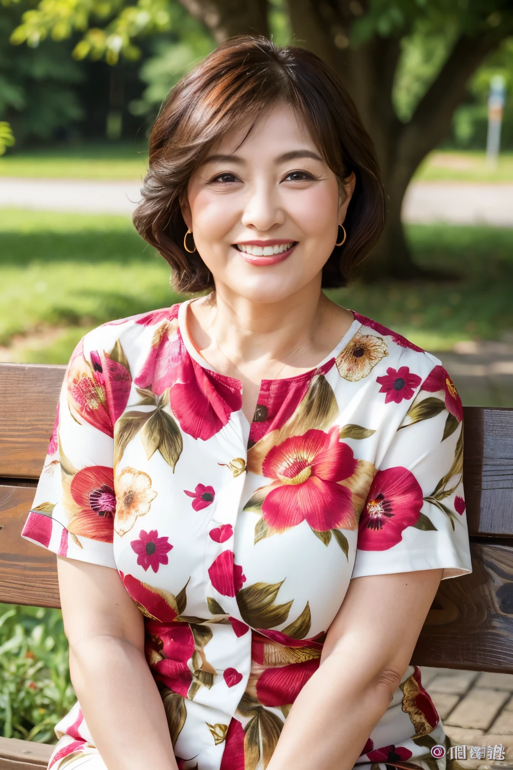 highest quality, 8k, masterpiece, Photorealistic, Realistic, 1. Beautiful Japanese Women, Mature Woman, 65 years old, Detailed skin texture, short hair, Chubby, voluptuous body, Shapely breasts, Toothy smile,Floral shirt, sitting on a park bench, (View your viewers),