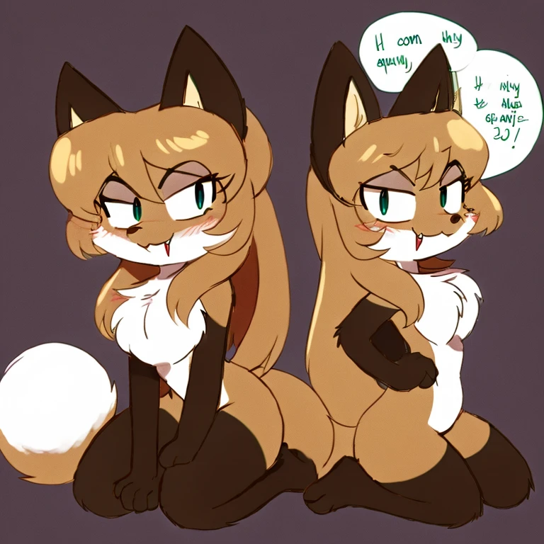 uploaded the e621, beautiful and detailed, woman (((female))) ((anthro)) Fox, (Averi, Fox girl), cinematic lighting, Fox, (anthro, fluffy fur), 1girl, anthro fox girl, body fur, curvy, sexy, nice, cute, hot, comfortable anime-style cartoon-style, digital drawing, SFW, flat chest, nervous smiling, sassy, sassy hips, smug, fangs, simple background, speech bubble, green eyes, side view, looking at viewer, 2 girls, on knees