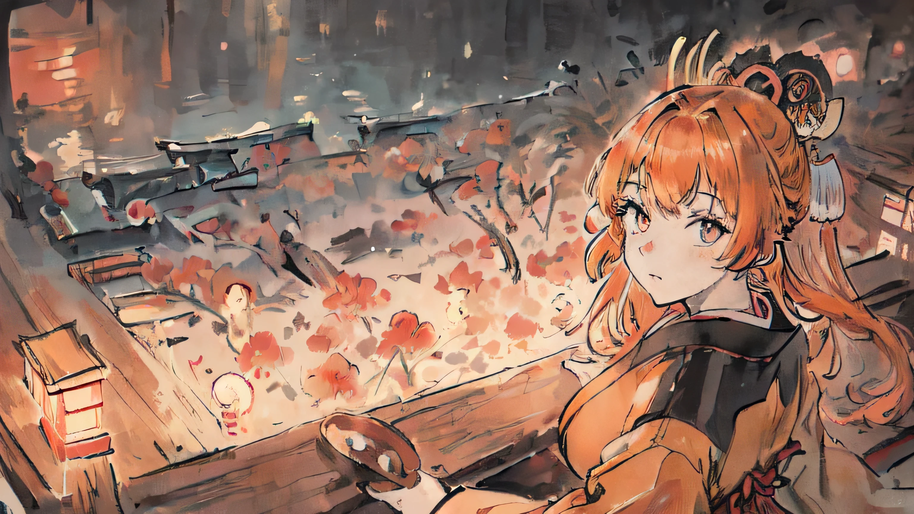(((masterpiece,highest quality))),1 Female, Alone with orange hair,Long Hair,(Japanese style:1.4),princess,(Healing),night, Super detailed eyes,Super detailed field,((Close-up)),Beautiful scenery