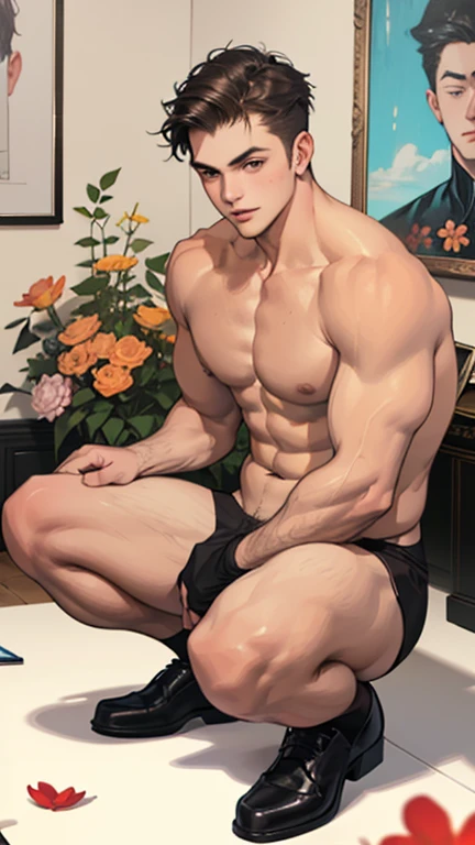 Pencil drawing, academic drawing, (((Two young boys  19 years old))), gives flowers, slender, muscular with large round elastic buttocks , Surrounded among of beautiful young handsome guys, in floral Transparent  thin tight panties perfect body, aesthetically pleasing, Erotic, beautiful painting , dim light, high quality  thigh , (bulge focus:1.2) ,squatting