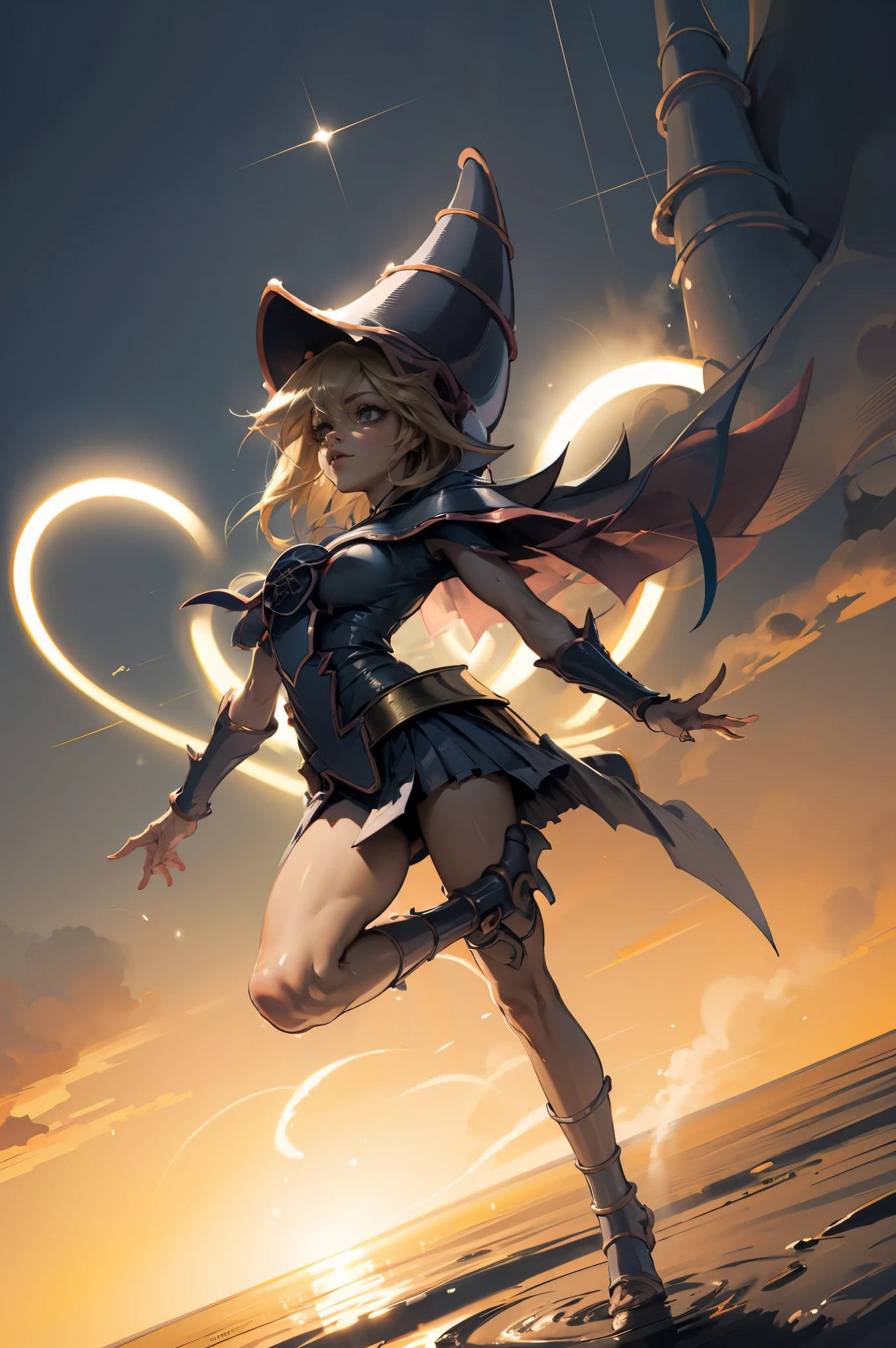 (Obra maestra:1.2), (La mejor calidad:1.2), perfect lighting, Chica Maga Oscura lanzando un hechizo, En sus veinte, flotando en el aire, tetas grandes, escote, bata azul, sombrero grande, desde arriba, Destellos, Yugioh juego, magic of the heart. luces del corazon, Romantic heart