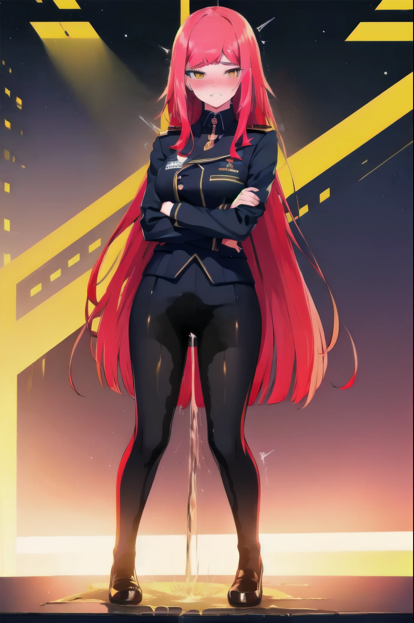 (masterpiece:1.37), woman, (mature:1.5), extremely detailed eyes and face, long straight hair, red hair, yellow eyes, black military uniform, cloak, (futuristic:1.25), (science fiction:1.25), hologram armband, unicursal hexagram-shaped pupils, standing, large breasts, best quality, 8k, highres, ultra-detailed, studio lighting, ultra-fine painting, sharp focus, physically-based rendering, extreme detail description, professional, vivid colors, bokeh, extreme attention to detail, tsurime, (messy bangs:1.5), (swept bangs:1.5), long bangs, bright red hair highlights, two-tone hair, (wetting self:1.75), (crossed arms:1.5), embarrassed, humiliated, angry, (standing:1.5), (black yoga pants), full body